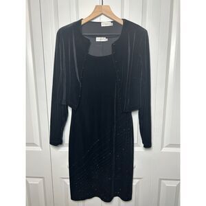 CDC Vintage Black Velvet Sparkle 2-Piece Dress & Cropped Jacket Set Size 6 90s